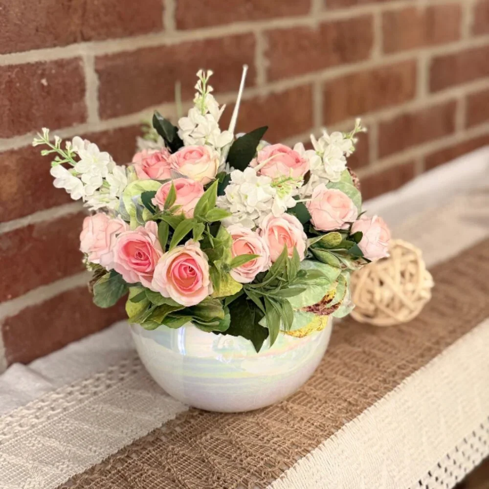 Faux Pink Rose Floral Arrangement Centerpiece in Ceramic Pearl Bowl